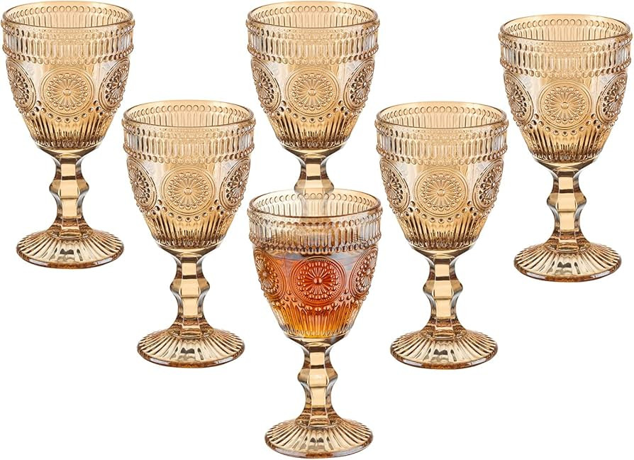 Vintage Wine Glasses Set of 6, 10 Ounces Colored Glass Water Goblets, Unique Flower Embossed Patt... | Amazon (US)