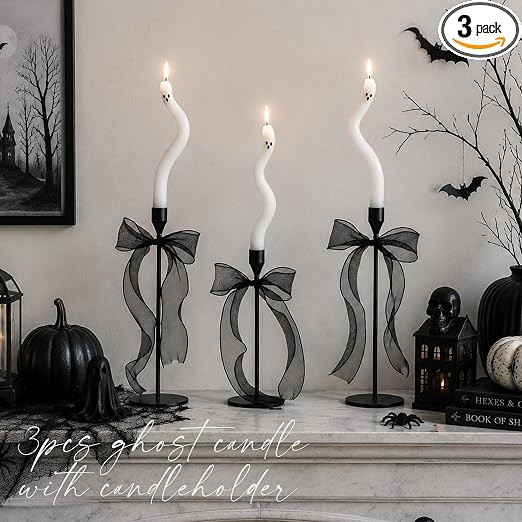 Halloween Decorations indoor-3Pcs Twisting Ghost Candles Decor with Candle Holders,Ribbons,Vintag... | Amazon (US)