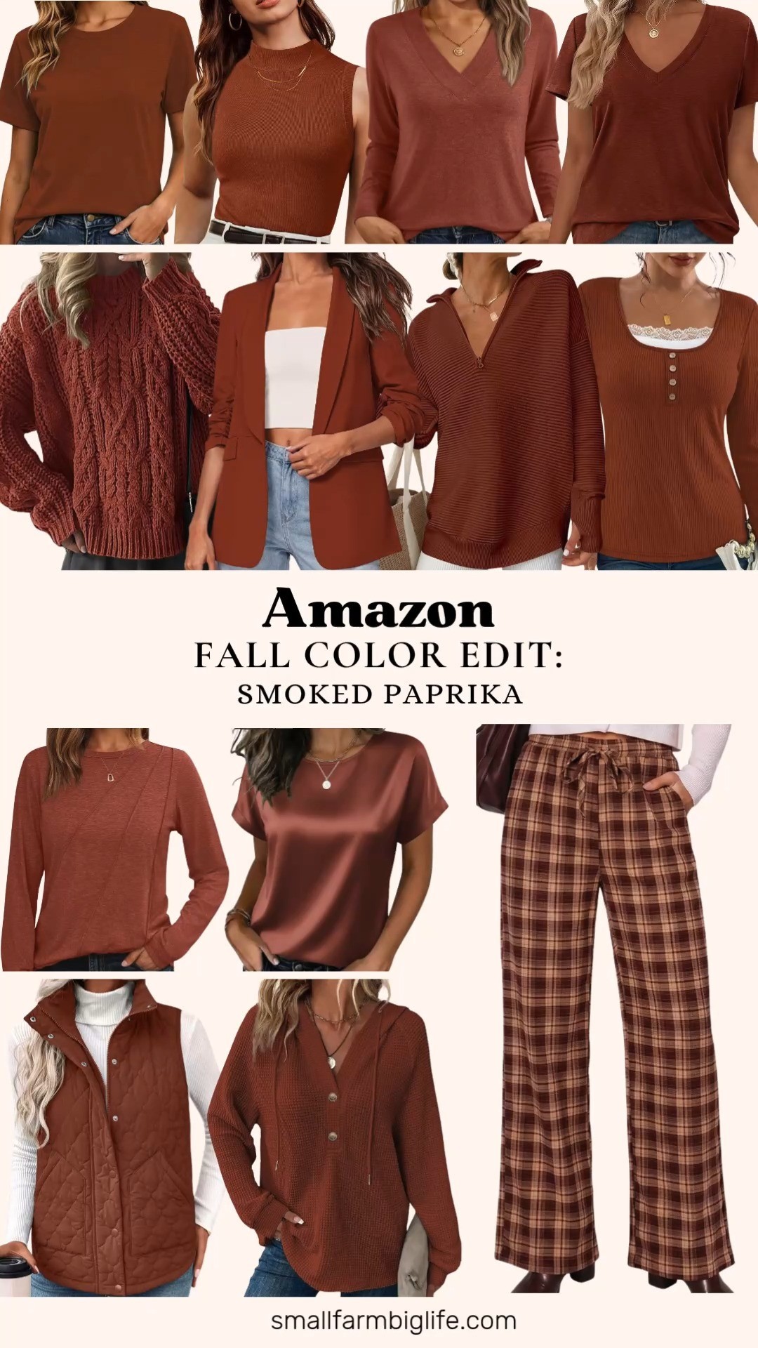 Fall Color Edit: Smoked Paprika. Building a rust, caramel, and cinnamon capsule for the season, all from Amazon.

This caramel mock neck sweater tank is a soft wool blend basic that layers perfectly under blazers for the office or daily commute. Pair it with the rust lace trim long sleeve top for a slim fit layered look, or the rust pleated tunic blouse for a relaxed, elegant work outfit. The rust V neck top is another easy fall basic in the same soft fabric.

For cooler days, this rust quarter zip pullover has thumb holes and a ribbed knit that's great over leggings for travel or casual wear, and the rust chunky knit sweater is an oversized, cozy pullover for relaxed weekend or holiday style. The rust ruched blazer adds a polished layer over any of these for business casual office looks with a shawl lapel and padded shoulder detail.

This terracotta satin blouse is a dressy, smooth top that transitions easily from office to evening. In cinnamon, the waffle knit button hoodie is an oversized pullover for casual fall days, the quilted puffer vest is a lightweight trendy layer for outerwear, and the cinnamon and tan plaid wide leg pants bring in a tartan pattern with an elastic waist for a comfortable, relaxed fit.

All in that warm smoked paprika color family this season. Shop the full collage below and let me know your favorite piece.

#falloutfitinspo #smokedpaprika #amazonfashionfinds #rustoutfit #fallcolorpalette #businesscasualoutfits #amazonfinds

 

 #LTKootd #LTKOver40 #LTKWorkwear