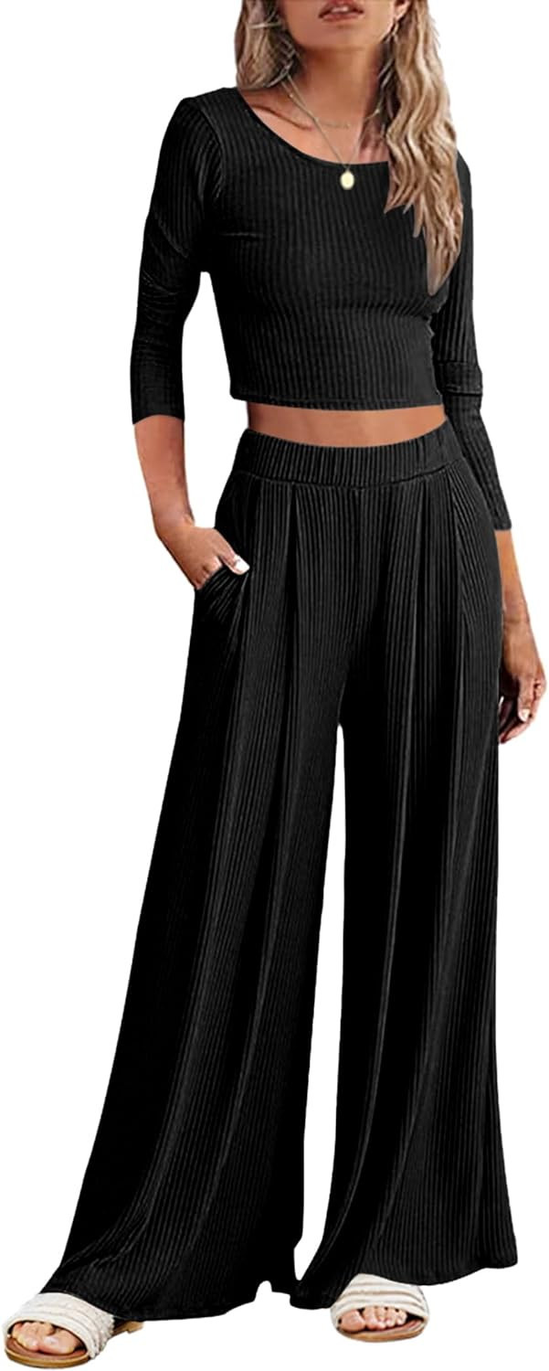 Ekouaer Women's 2 Piece Lounge Sets Ribbed Knit Crop Top Wide Leg Pants with Pockets S-XXL | Amazon (US)