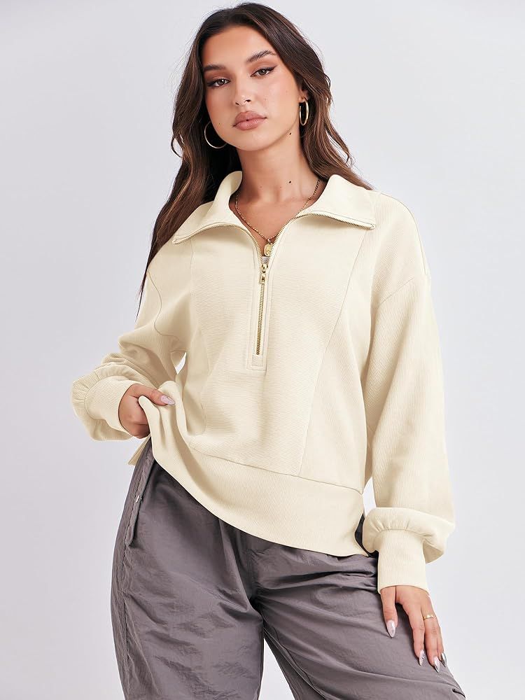 ANRABESS Women Half Zip Cropped Sweatshirt Casual Fleece Quarter Zip Up Rib Knit Pullover 2023 Fall  | Amazon (US)