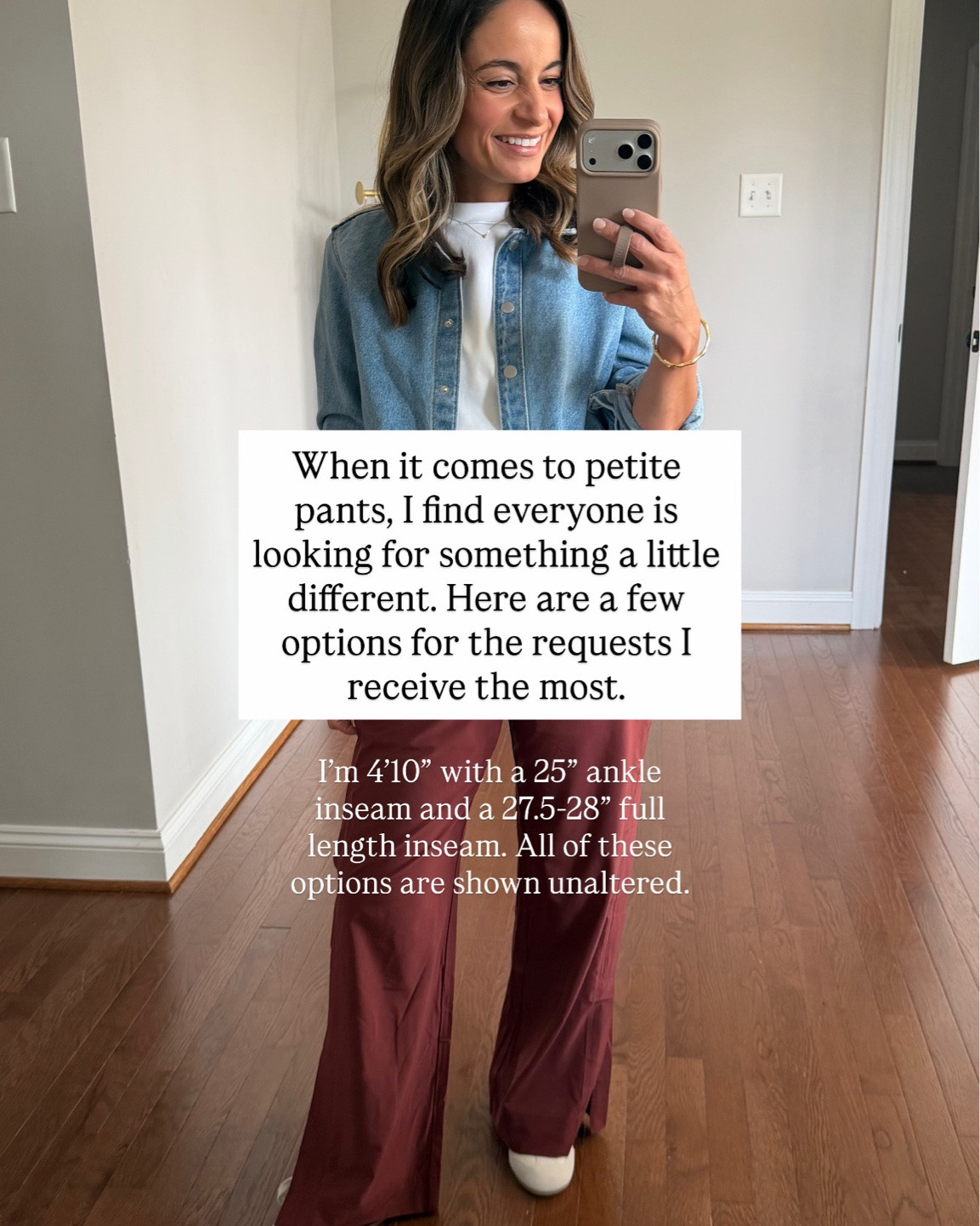 When it comes to petite pants, I find everyone is looking for something a little different. Here are a few options for the most common requests I receive. 

All shown on me unaltered. I’m 4’10” with a 25” ankle inseam and a 27.5-28” full length inseam. 

Outfit 1 
Pants: petite xxs (27.5” inseam) 
Top: petite xs 
Denim top: petite xxs (similar linked) 

Outfit 2 
Sweater: petite xxs 
Pants: xs short (24” inseam, 11” rise) 

Outfit 3 
Linen pants: xs short (28” inseam) 
Top: xxs 

Outfit 4 
Pants: xs (25” inseam) 
Top: xxs 

Outfit 5 
Pants: petite xxs (27.5” inseam)
Cardigan: petite xs 
Top: xxs 

Outfit 6
Pants: petite xxs (27.5” inseam)
Top: petite xs 
Denim top: petite xxs (similar linked) 

Outfit 7 
Pants: xs 28” 
Top: xxs 
Jacket: xxs 

Outfit 8 
Pants: petite xxs (8.25” rise, 28.5” inseam) 
Cardigan: xxs (sold out in this color) 
Blazer: petite xxs 

Outfit 9 
Pants: petite 00 (11” rise, 25” inseam) 
Top: petite xxs 

Petite pants, casual outfits, business casual outfits

#LTKPetite