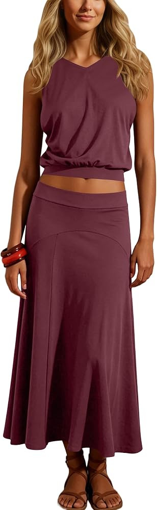 Summer Skirt Sets for Women Causal Matching Outfits V Neck Tank Top Elastic Low Waistband Loose A... | Amazon (US)