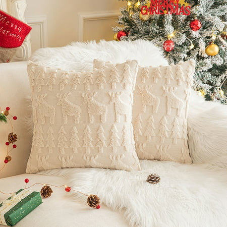 Sanmadrola Beige Christmas Tree and Reindeer Decorative Throw Pillow Covers 18"x18", 2 Packs Soft Plush Square Pillow Cover for Home Decor, Winter Holiday Cushion Cases for Couch Bedroom Living Room | Walmart (US)