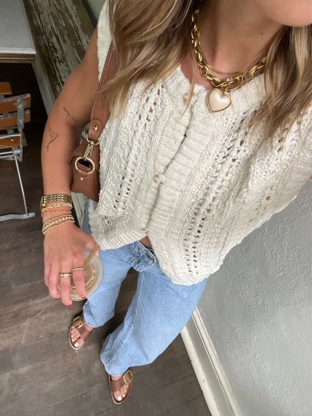 6/7/24 Casual jeans outfit for summer 🫶🏼 Summer outfit inspo, summer fashion trends, summer trends, summer outfits, baggy jeans, Birkenstock sandals, chunky jewelry, fashion accessories, fashion trends, trendy summer outfits, sweater top, vest top, vest top outfits