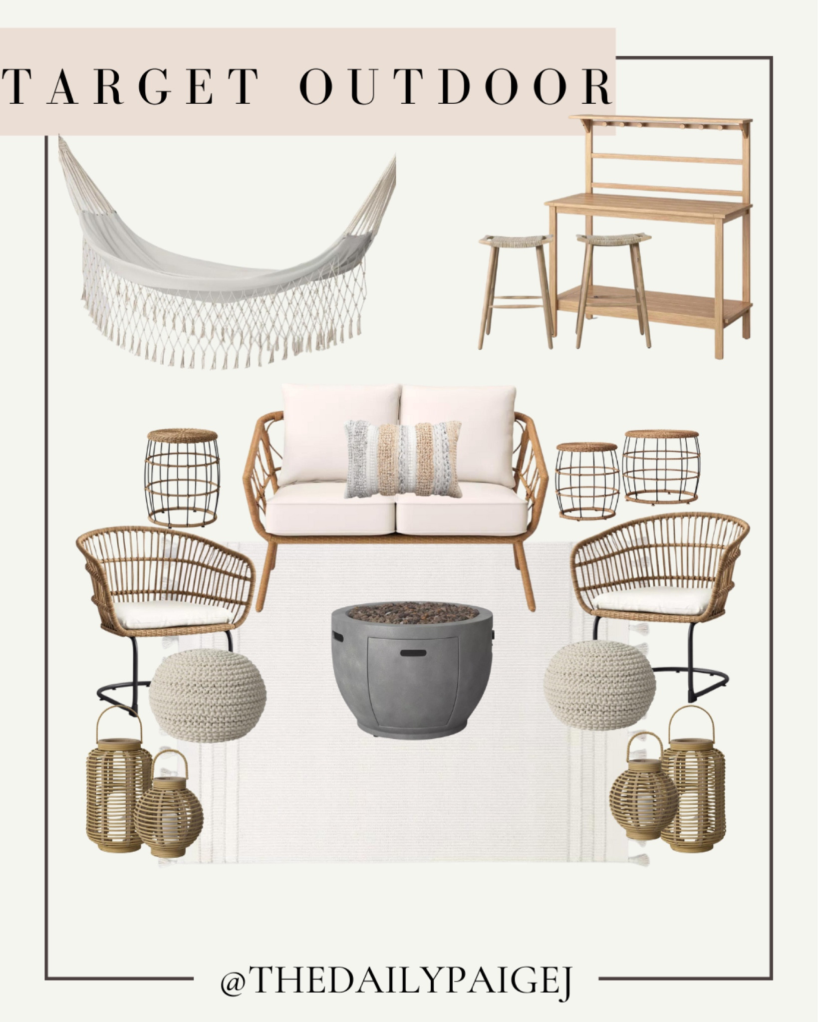 If you’re looking for boho patio furniture and accessories, then target has exactly what you want. Targets currently having a 30% off sale on its outdoor items, including this propane fire pit that’s makes down under $400 The outdoor couch and chairs are marked down as well. If you’re looking for a relaxing retreat, this boho hammock would be perfect for your backyard, too! If you’re looking to entertain then an outdoor bar would be perfect paired with a couple of rattan outdoor stools. Turn on some outdoor lanterns and you’re all set! 

Outdoor furniture, outdoor furniture on sale, target outdoor furniture, outdoor couch, outdoor chairs, boho outdoor, outdoor fire pit, outdoor poofs, outdoor lanterns, outdoor decor, outdoor on sale, outdoor bar, outdoor stools, patio table, patio set, outdoor rug 

#LTKsalealert #LTKhome #LTKSeasonal