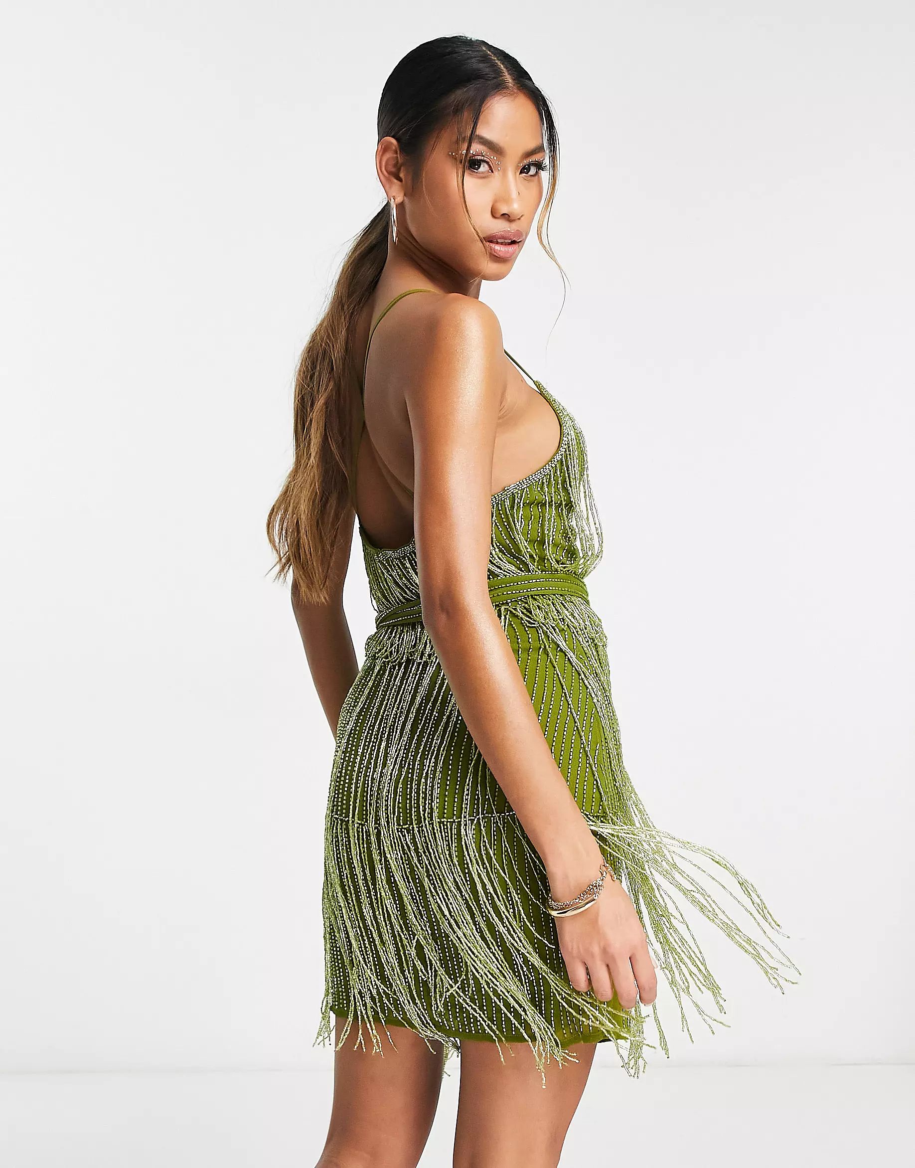 ASOS DESIGN embellished fringe mini dress with tie waist detail in lime | ASOS (Global)