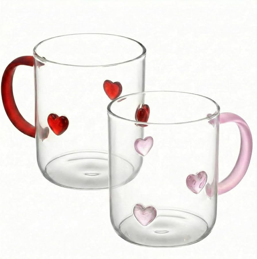 2 Pcs Valentine Icon Juice Glass Sturdy Heart Mug with Handle, 16 oz Red Pink Heart Glasses Cute ... | Amazon (US)