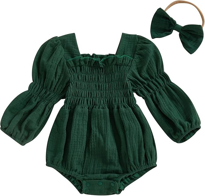 Smocked Baby Girl Clothes Newborn Girl Bubble Romper Long Sleeve Jumpsuit And Headband Outfit Cut... | Amazon (US)