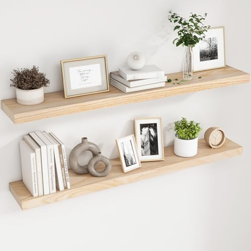 Natural Wood Floating Shelves, 48 Inch Wood Floating Shelves Set of 2, Natural Raw Wood Shelves for Living Room Bedroom Home Office - Natural | Amazon (US)