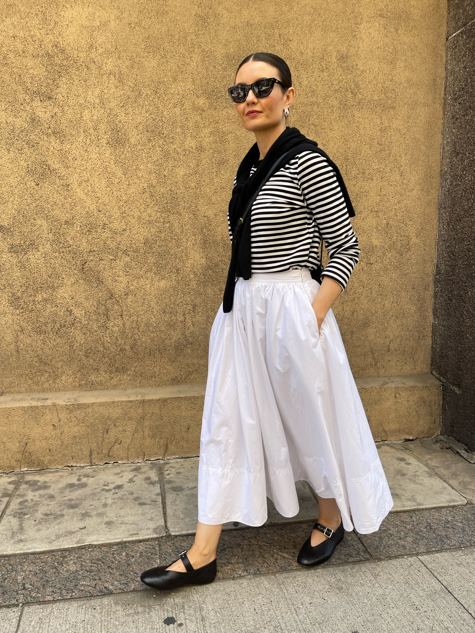 Striped t-short - S, Banana Republic Skirt - 00P, COS ballet flats, Jenny Bird jewelry #LTKspring 

#LTKcanada #LTKstyletip