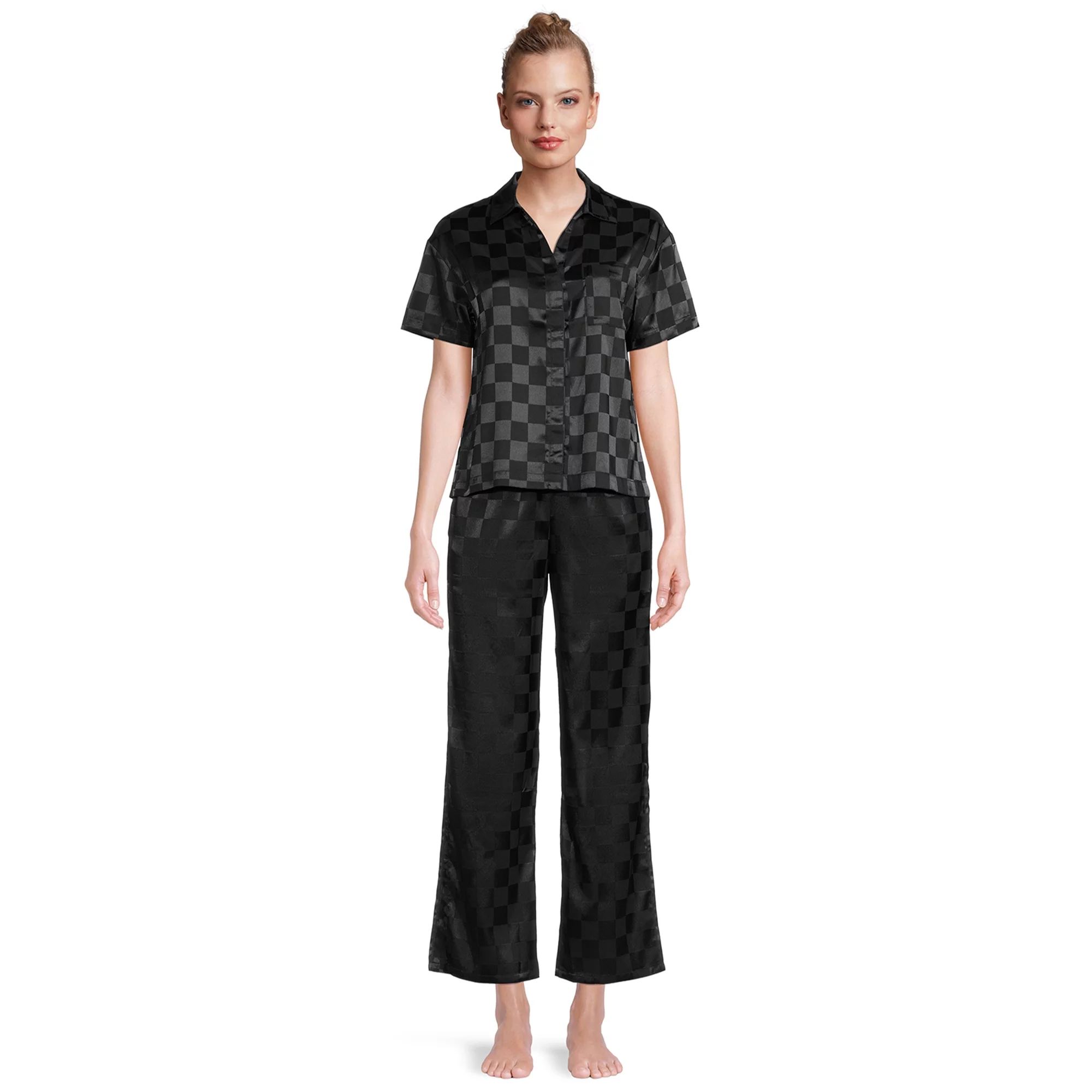 Lissome Women's and Women's Plus Satin Checkered Boxy Crop Top and Pants Sleep Set, 2-Piece | Walmart (US)