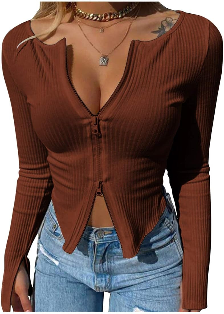 Womens Sexy Kint Tops Long Sleeve Cute V Neck Zipper Shirts | Amazon (US)