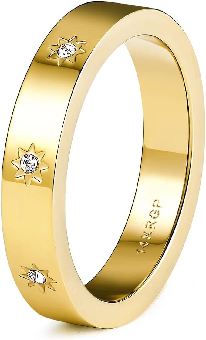 JINEAR 14K Gold Plated 4mm Wedding Bands for Women and Men North Star Stackable Rings Cubic Zirco... | Amazon (US)