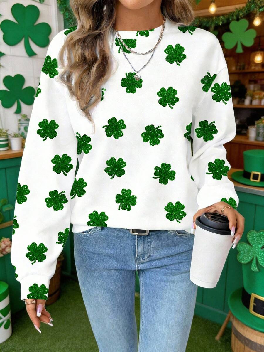 SHEIN LUNE St. Patrick's Day Casual Minimalist Four Leaf Clover Lucky Clover Graphic Print Round ... | SHEIN