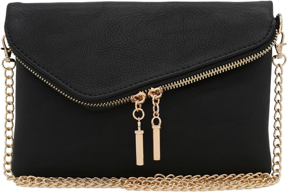 FashionPuzzle Envelope Wristlet Clutch Crossbody Bag with Chain Strap (Black) One Size | Amazon (US)