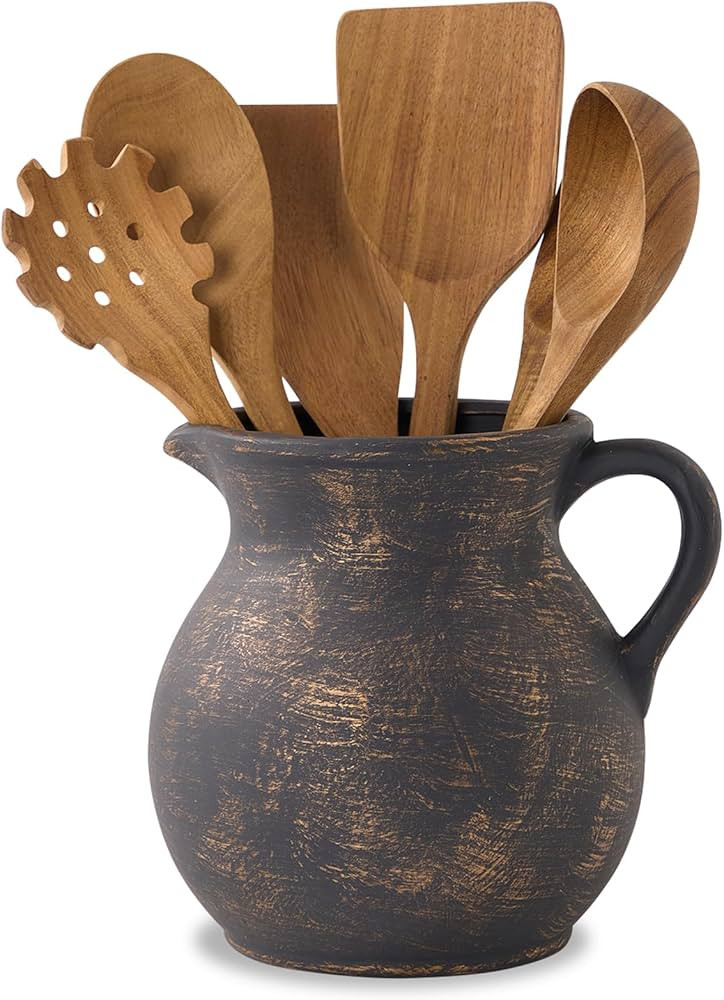 MIYUKI Rustic Kitchen Utensil Holder - 7.6 Inch Ceramic Utensil Crock for Countertop, Vintage Kit... | Amazon (US)