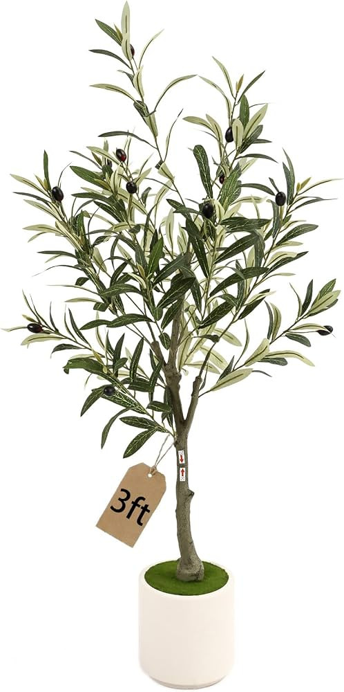 3FT Spherical Fake Olive Tree Artificial Indoor,Faux Olive Tree with Pot,Large Olive Branches and... | Amazon (US)