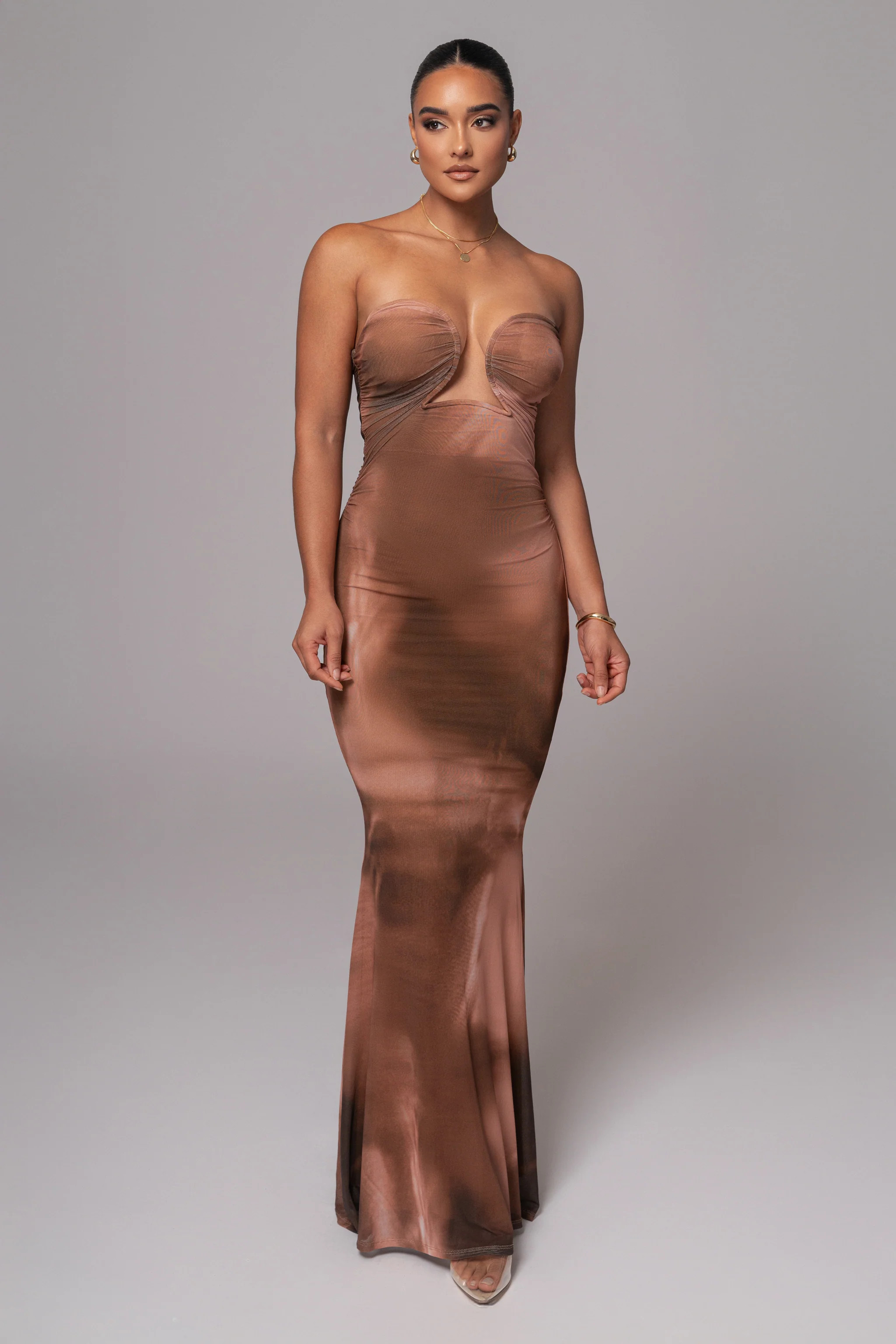 Brown Abstract Bethany Strapless Maxi Dress | JLUXLABEL