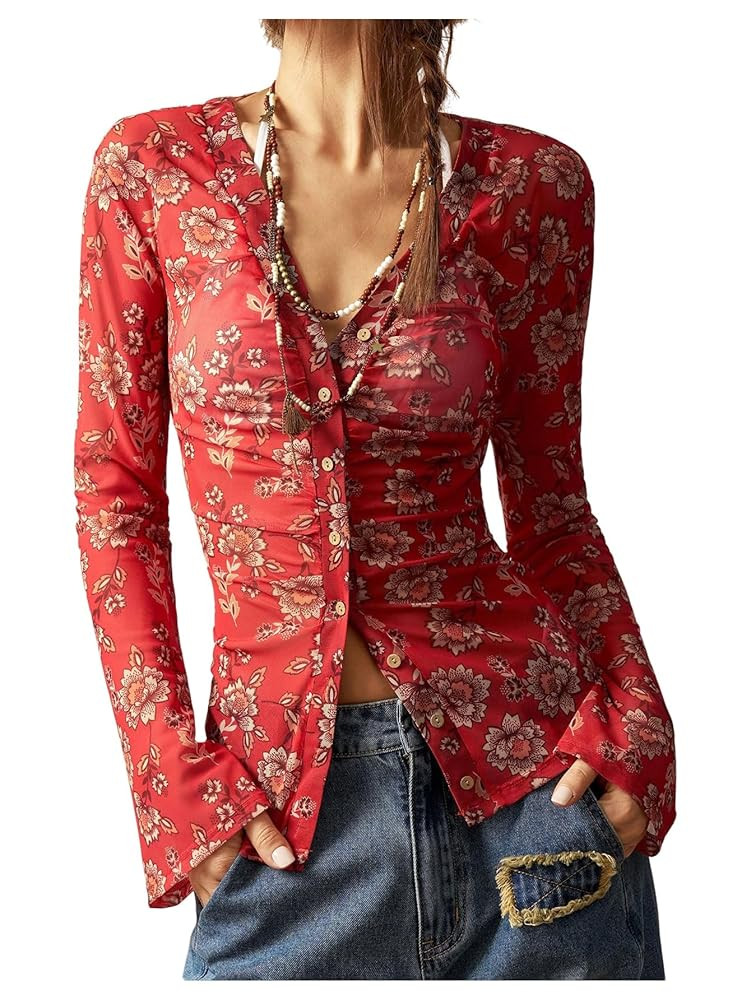SOLY HUX Women's Long Sleeve Shirts Boho Floral Print Blouses Button Down V Neck Fitted Tops | Amazon (US)