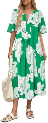 Wenrine Womens Flutter Short Sleeve Maxi Dress Casual V Neck Side Slit Pleated Loose Flowy Summer... | Amazon (US)