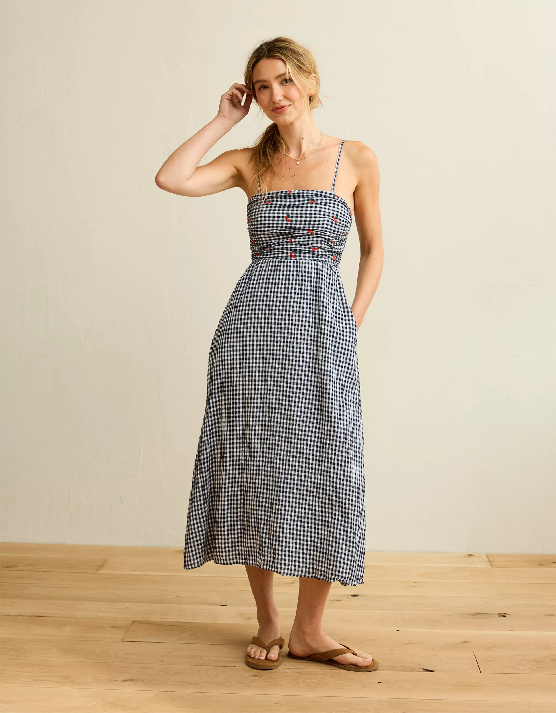 AE Strapless Smocked Embroidered Midi Dress | American Eagle Outfitters (US & CA)