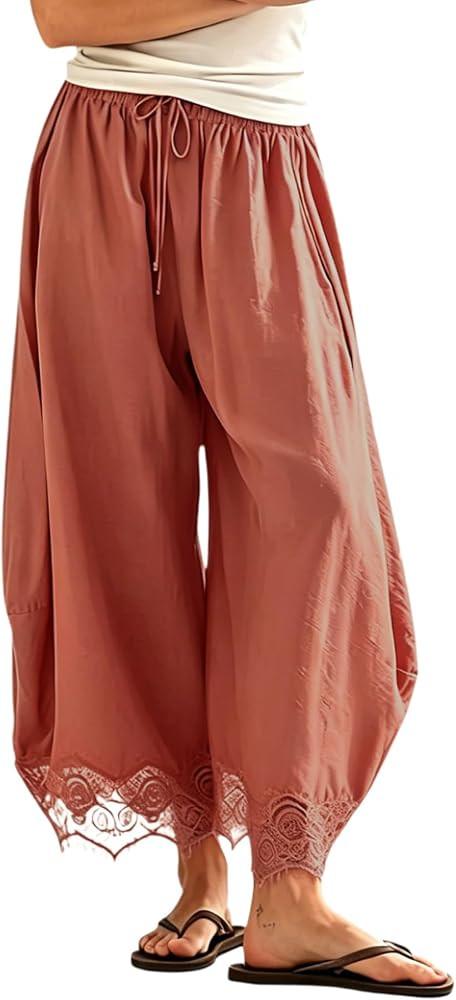 Women's Cropped Lace-Hem Pants Lace Trim Wide Leg Pants Drawstring Casual Lightweight Flowy Palaz... | Amazon (US)