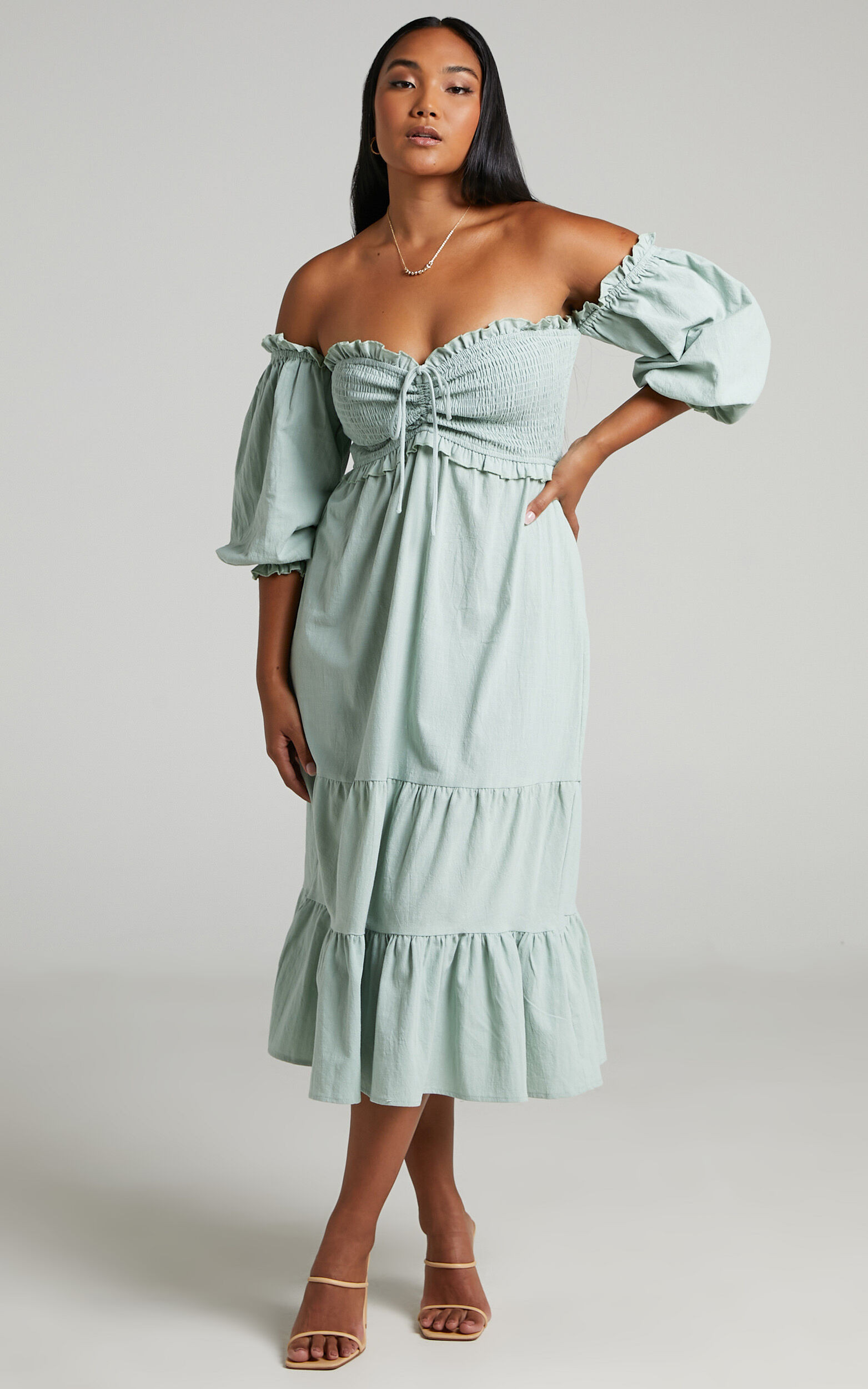 Nikka Midi Dress - Shirred Off Shoulder Puff Sleeve Dress in Sage | Showpo (US, UK & Europe)