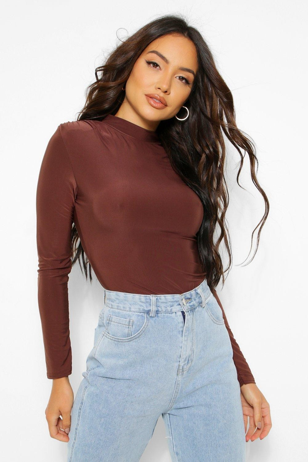 Womens Slinky Shoulder Pad High Neck One Piece - Brown - 10 | Boohoo.com (US & CA)