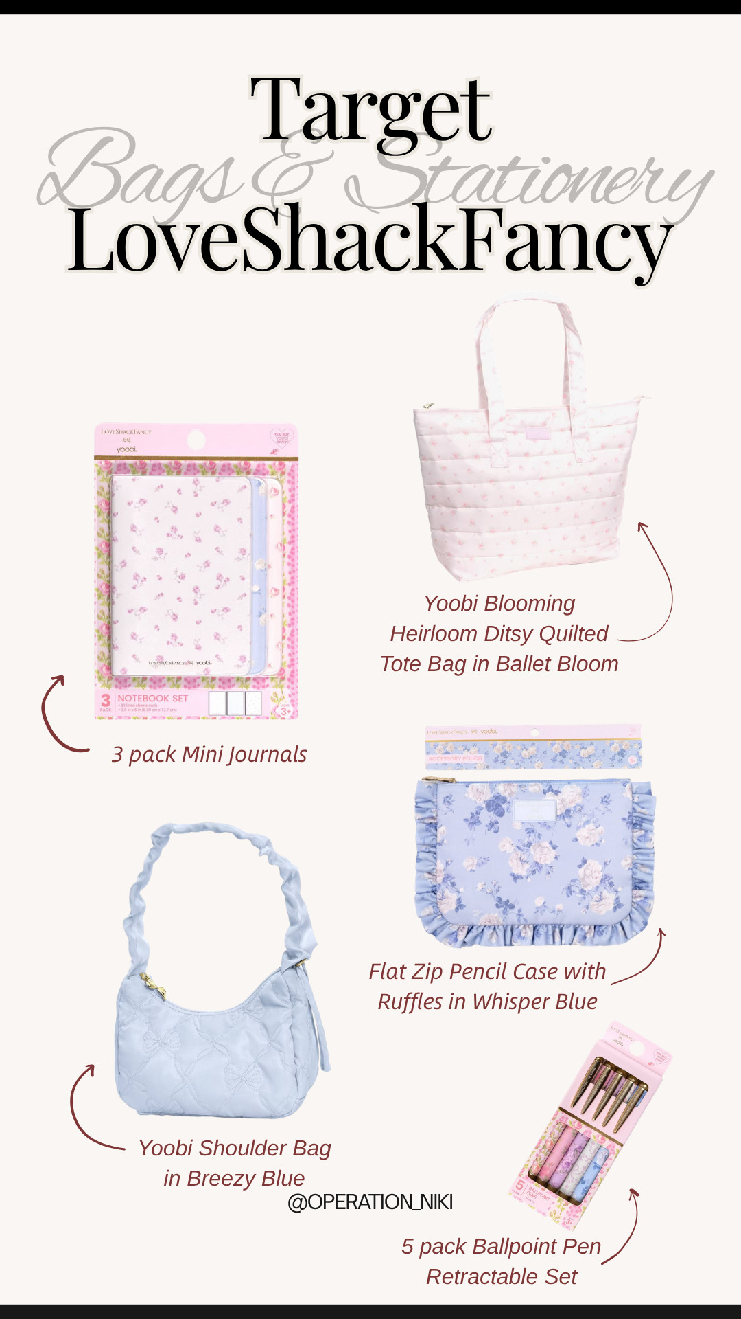 Romanticizing your daily workspace with soft, feminine patterns is the absolute best way to lean into the coquette aesthetic trend. Adding gorgeous, floral details to your collection makes staying organized completely effortless and beautiful. ✨

This stunning collection highlights the new Target x LoveShackFancy and Yoobi collaboration, and it is a total dream. From the 3-pack mini journals and retractable ballpoint pen set to the Yoobi Blooming Heirloom quilted tote in Ballet Bloom, these floral patterns are perfect for upgrading your style. To complete the layout, the ruffled flat zip pencil case in Whisper Blue and matching Yoobi shoulder bag in Breezy Blue add the most pristine touch to your daily setup.

Shop this entire aesthetic stationery and bag lineup linked below! 🛍️

Follow for more @OPERATION_NIKI on IG, TikTok, & Facebook

#TargetFinds #LoveShackFancy #StationeryAddict #OperationNiki #CoquetteAesthetic #DeskOrganization #TargetHaul #AestheticStyle #FloralVibes #ShoppingHaul

#LTKHome