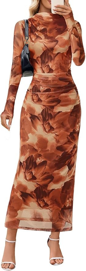 MEROKEETY Women's Spring Wedding Guest Dress 2026 Long Sleeve Bodycon Floral Mesh Fall Cocktail H... | Amazon (US)