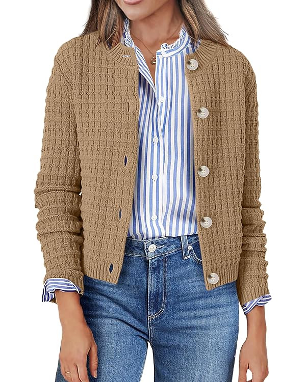 Zeagoo Women's 2025 Cardigan Sweaters Button Down Crew Neck Open Front Long Sleeve Knit Cropped J... | Amazon (US)