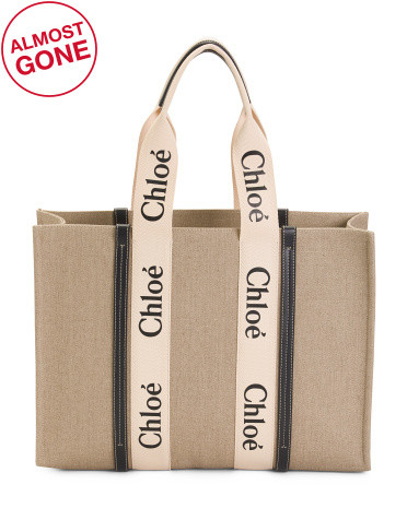 Made In Italy Large Woody Linen And Leather Shopper Logo Tote | TJ Maxx