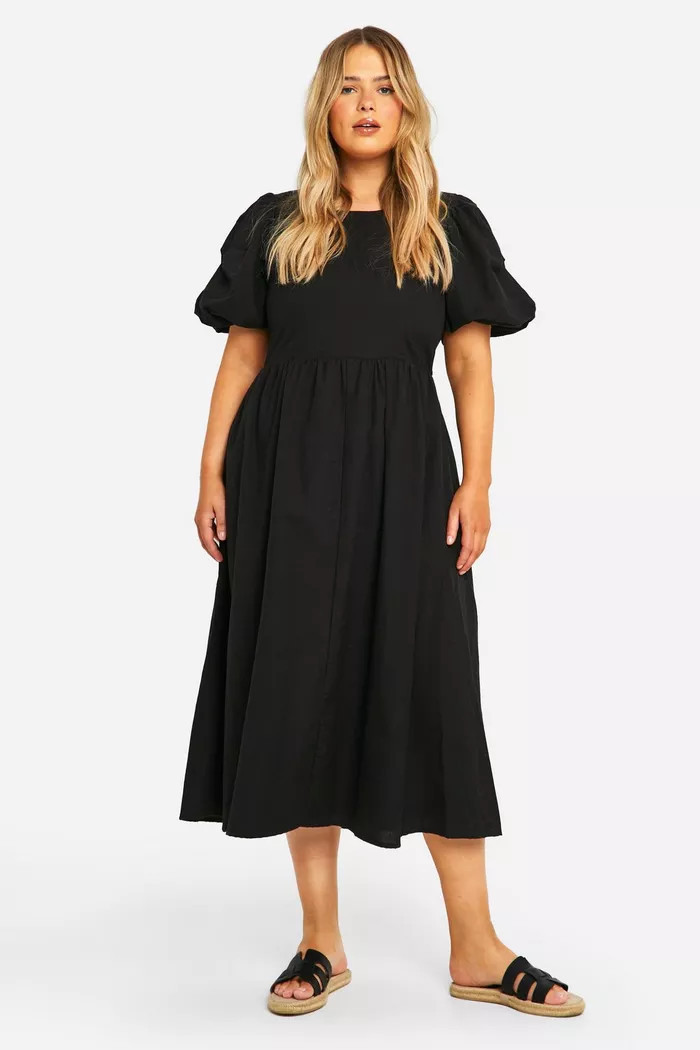 Plus Linen Feel Puff Sleeve Midi Dress | boohoo (US & Canada)