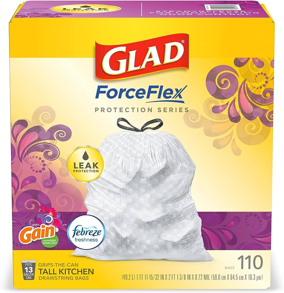 GLAD ForceFlex Tall Kitchen Drawstring Trash Bags, 13 Gallon White Trash Bag for Kitchen Trash Ca... | Amazon (US)