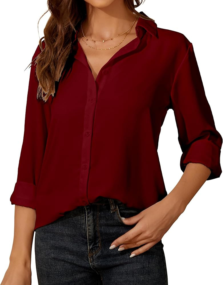SPRING SEAON Women's Button Down Shirts Long Sleeve Collared Tops Lady Work Office Chiffon Blouse | Amazon (CA)