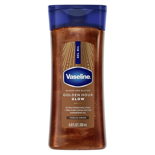 Vaseline Glazed and Glisten Golden Hour Body Gel Oil Glow Vanilla Cocoa Shimmering with Ultra-Hydrating Lipids and 100% Pure Cocoa Butter, 6.8 Oz | Amazon (US)