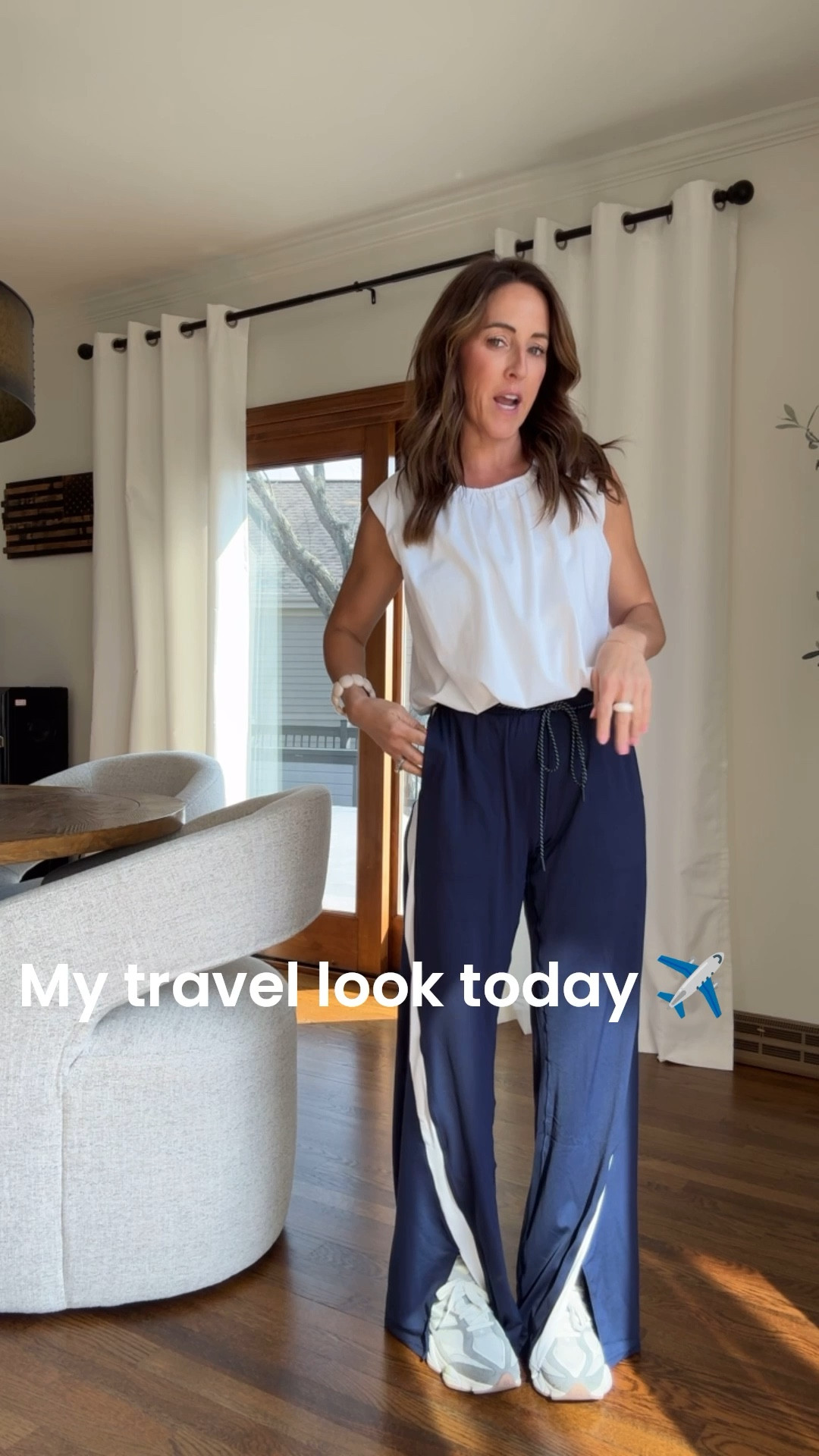 XS track pants, regular length. I’m 5’3” and probably should’ve done the petite so I could wear with flip flops. But live them. So comfy. 
XS tee 
XS jacket 

#LTKTravel #LTKgrwm #LTKmomlife