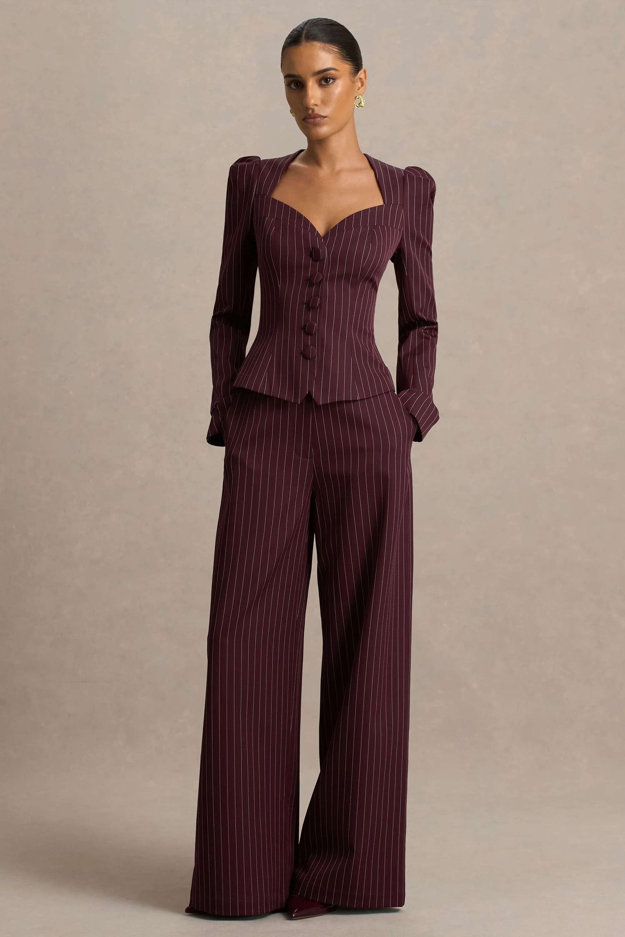 Asteria  Burgundy Pinstripe Wide-Leg Trousers | Club L London