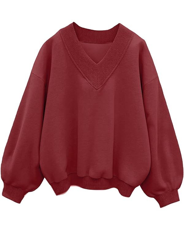 Hilinker Womens V Neck Oversized Sweatshirts Casual Drop Shoulder Long Sleeve Pullover Tops | Amazon (US)