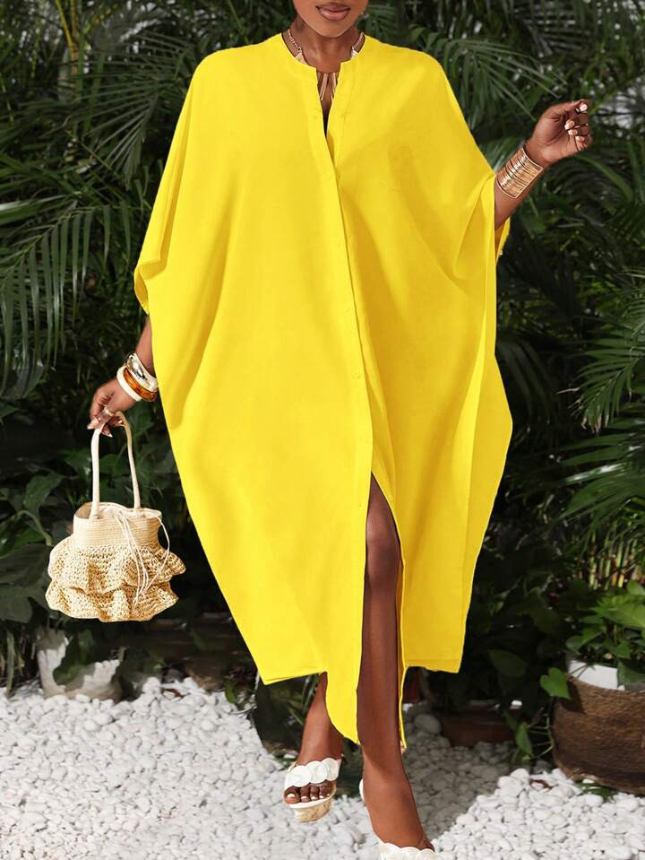 SHEIN Slayr Ladies Summer Solid Color Long Loose Shirt Dress For Vacation & Casual Wear | SHEIN