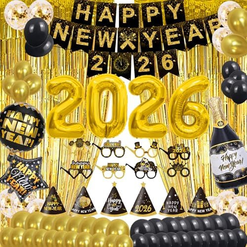 2026 Happy New Year Party Supplies - Hats, Banner, Glasses, Foil Balloon and Fringe Curtains, Swi... | Amazon (US)