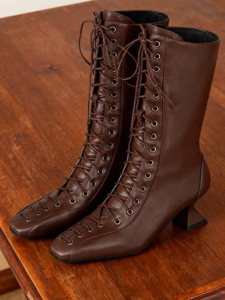 Y2K Womens Mid Calf Boots Fashionable Square Toe Kitten Heel Lace Up Boots For Women Low Heel Comfort Riding Mid Calf Boots Cosplay Mid Calf Boots Women | SHEIN