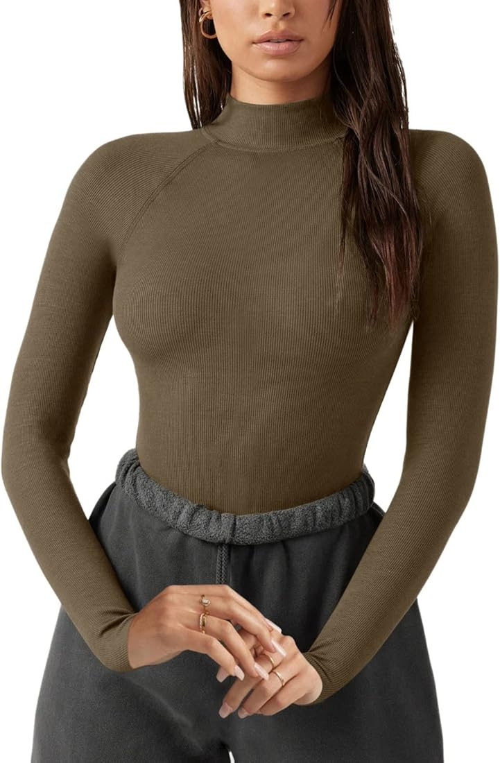REORIA Women's Fall Mock Turtleneck Long Sleeve Ribbed Tight Tshirts Bodysuits Tops | Amazon (US)