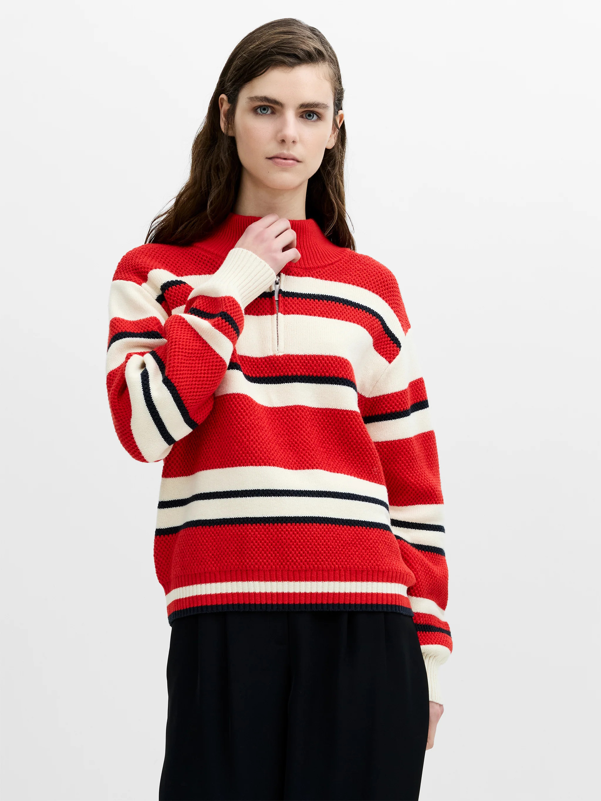 Varli Textured Red Striped Half Zip Jumper | French Connection (UK)