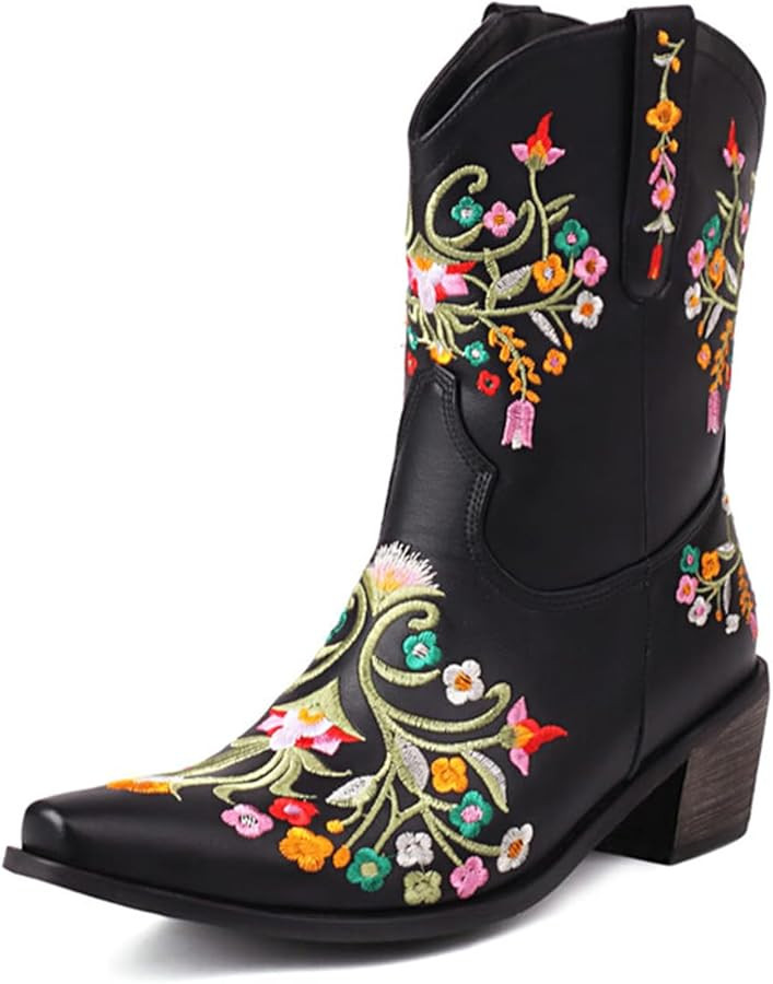 Alyaafifa Western Cowgirl Embroidered Boots Women Cowboy Stacked Chunky Heels Closed Toe Pull On ... | Amazon (CA)
