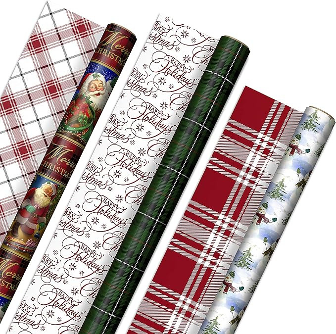 Hallmark Reversible Christmas Wrapping Paper (3 Rolls: 120 sq. ft. ttl) Vintage Santa, Snowmen, T... | Amazon (US)