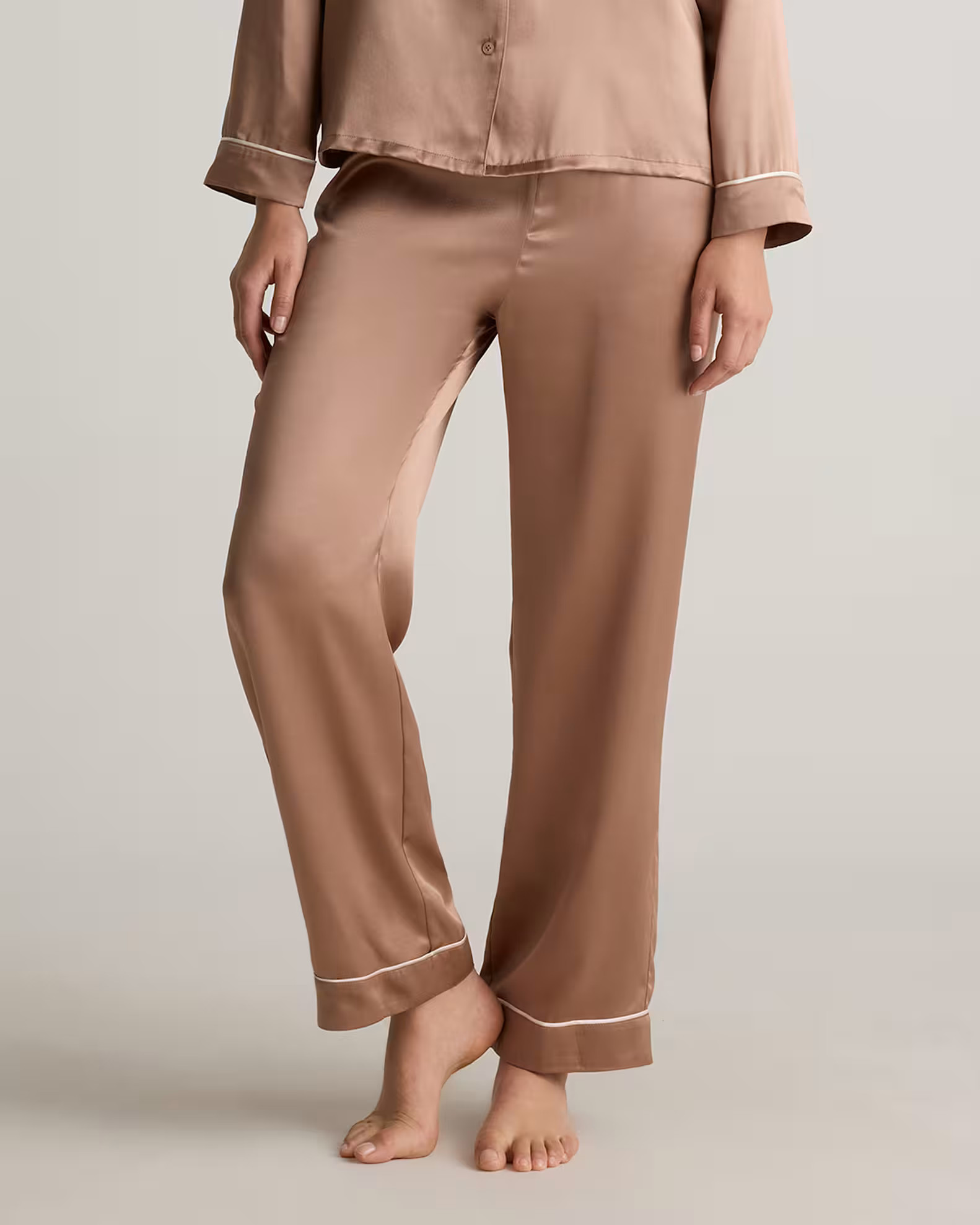 100% Washable Silk Satin Pajama Pant with Piping in Toasted Almond | Quince