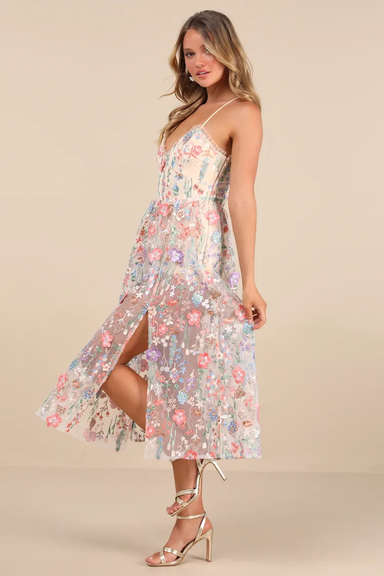 Mahryn Beige 3D Floral Embroidered Midi Bodysuit Dress | Lulus