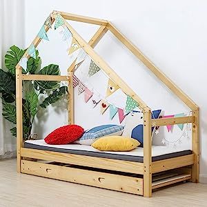 UHOM Children Wood Bed Toddler House Frame Bed Tent Floor Double Bed, Twin Size Bedroom Furniture | Amazon (US)